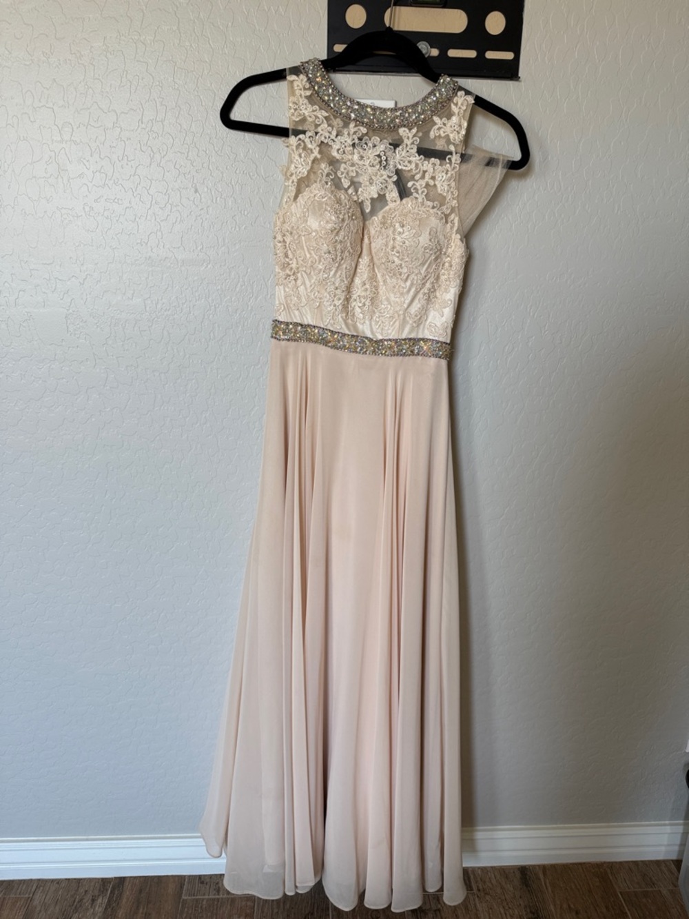 Dancing Queen Blush Champagne Lace & Beaded Prom Dress